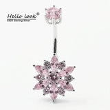 925 Silver Pink Flower CZ Navel Jewelry