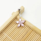 925 Silver Belly Piercing Pink Purple Flower CZ Navel Jewelry