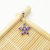 925 Silver Belly Piercing Pink Purple Flower CZ Navel Jewelry