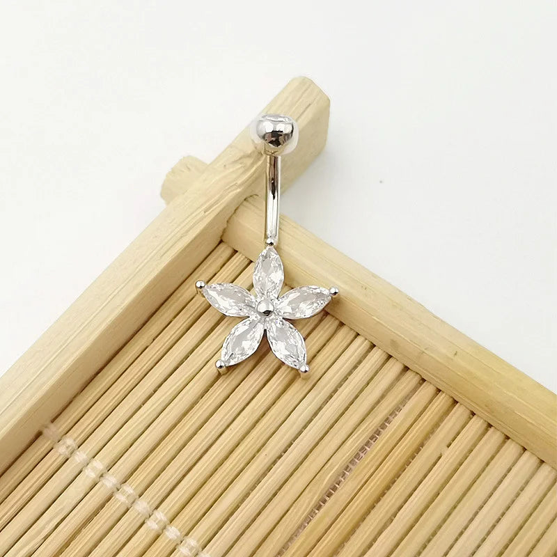 925 Silver Belly Piercing Pink Purple Flower CZ Navel Jewelry