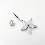 925 Silver Belly Piercing Pink Purple Flower CZ Navel Jewelry