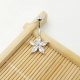 925 Silver Belly Piercing Pink Purple Flower CZ Navel Jewelry