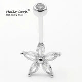 925 Silver Belly Piercing Pink Purple Flower CZ Navel Jewelry