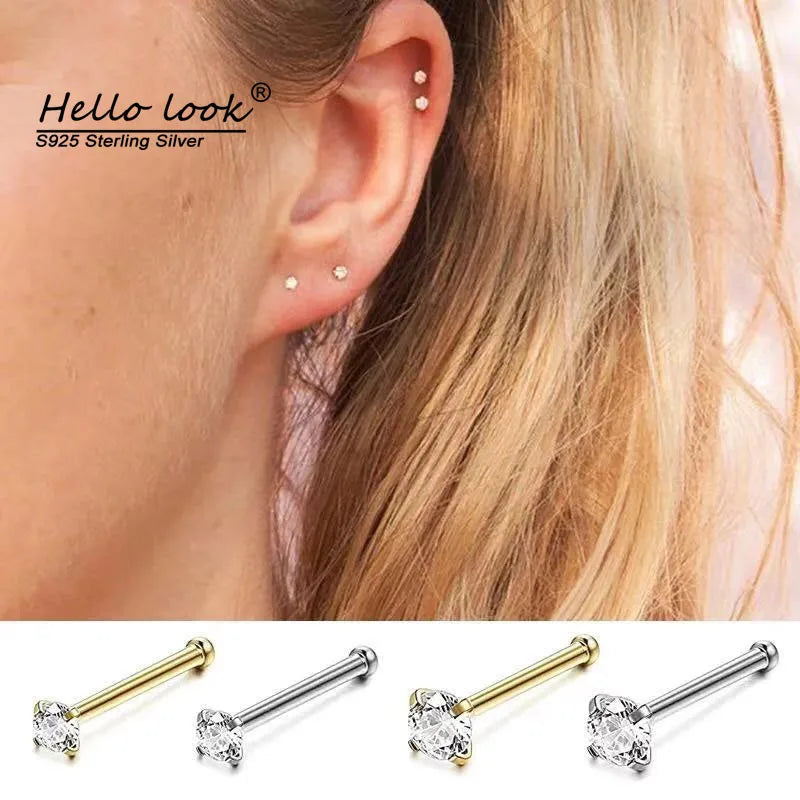 925 Sterling Silver CZ Nose Nails Clear Crystal Stud Earrings
