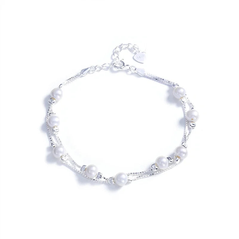 925 Silver Double Pearl Bracelet Classic Jewelry