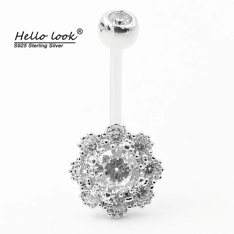 925 Sterling Silver Zircon Flower Belly Button Ring Charm