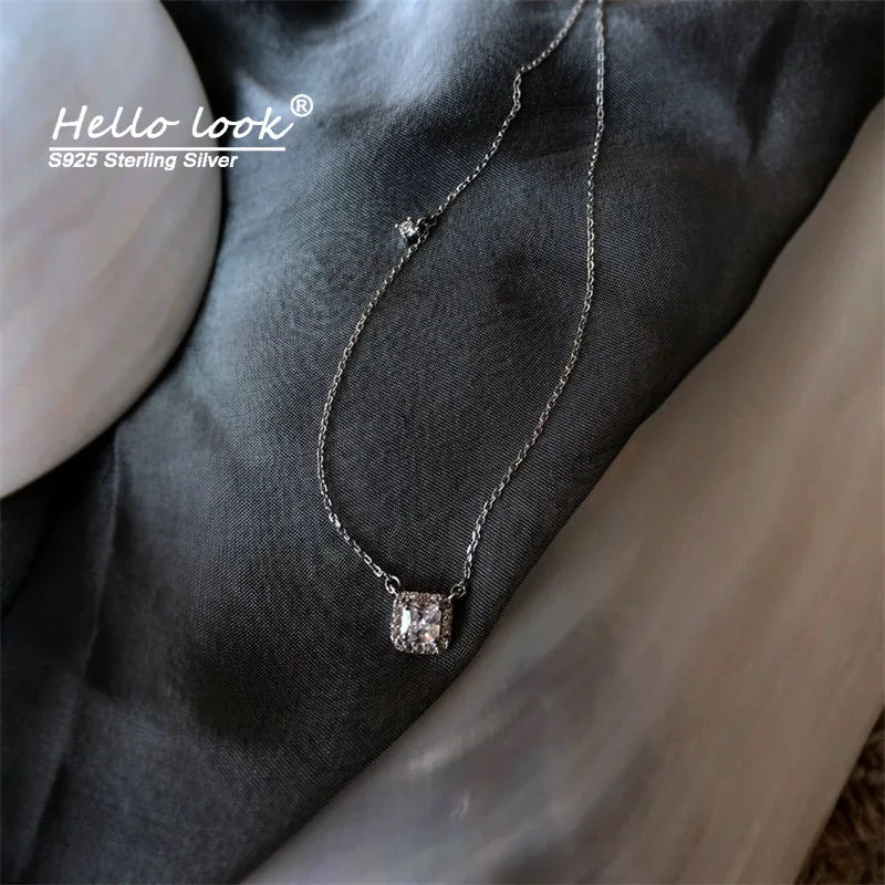 925 Silver Square Diamond Necklace Clavicle Chain