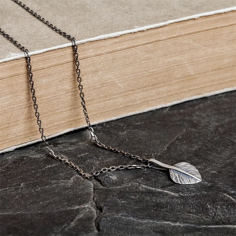 Vintage Silver Feather Pendant Necklace for Women