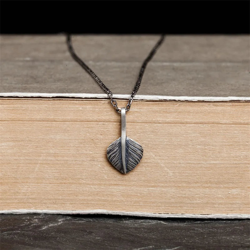 Vintage Silver Feather Pendant Necklace for Women