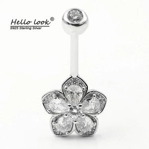 925 Sterling Silver Flower Belly Button Ring Romantic Gift Body Jewelry