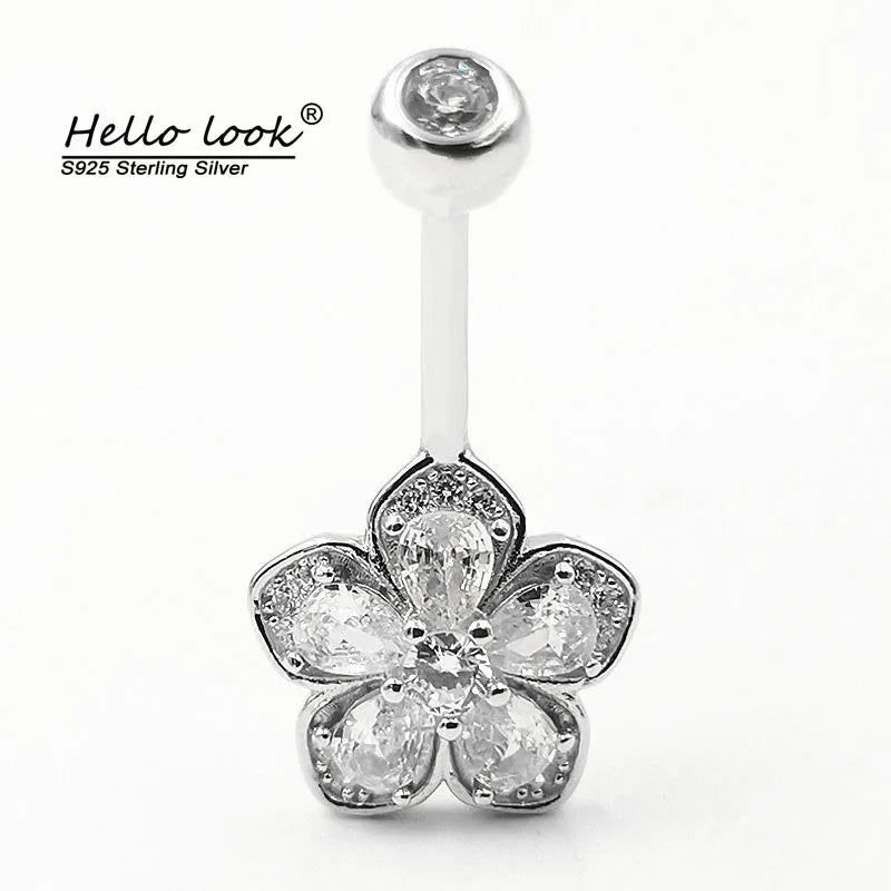 925 Sterling Silver Flower Belly Button Ring Romantic Gift Body Jewelry
