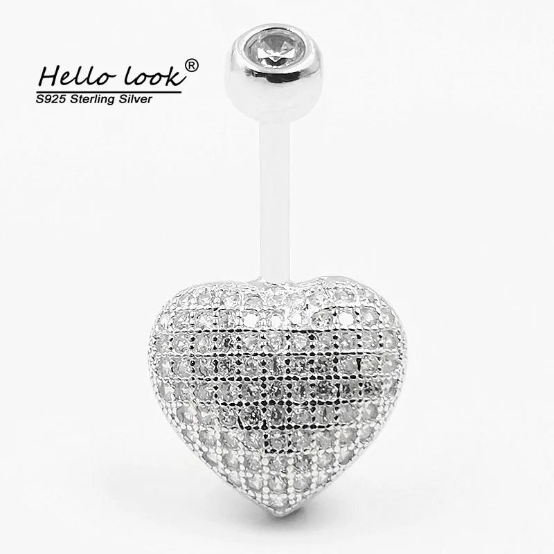 925 Silver Heart Belly Buttton Ring CZ Navel Piercings for Women