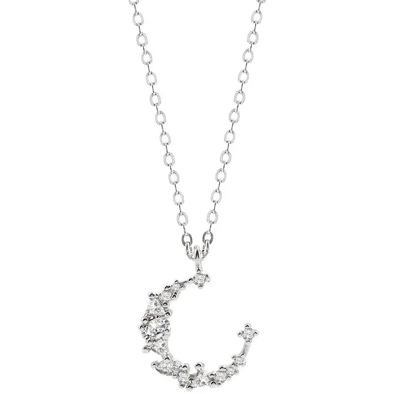 925 Sterling Silver Moon Diamond Necklace Clavicle Chain