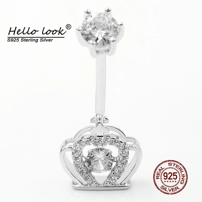 925 Silver Crown Belly Button Ring Crystal Zircon Navel Piercing