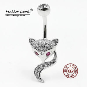 925 Silver Fox Belly Button Ring Zircon Body Piercing Jewelry