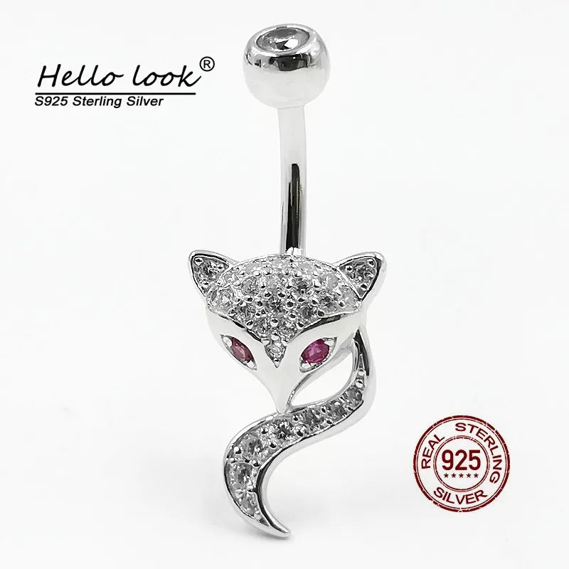 925 Silver Fox Belly Button Ring Zircon Body Piercing Jewelry