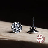 925 Silver Pentagram Carved Stud Earring Vintage Round Ear Pin