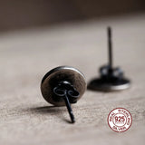 925 Silver Pentagram Carved Stud Earring Vintage Round Ear Pin
