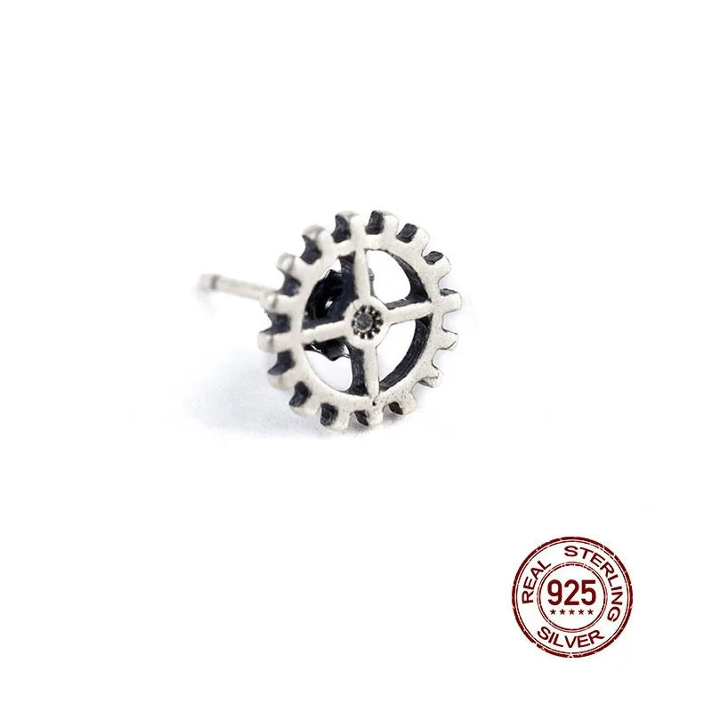 925 Silver Punk Gear Stud Earrings Gothic Piercing Jewelry