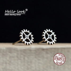 925 Silver Punk Gear Stud Earrings Gothic Piercing Jewelry