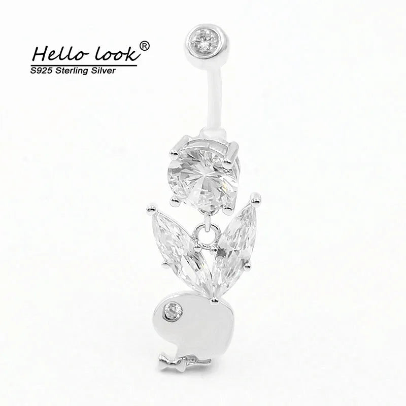 925 Silver Rabbit Belly Button Ring Zircon Body Piercing Jewelry