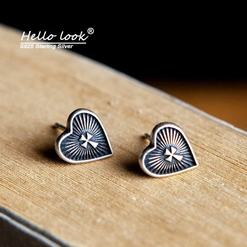 925 Silver Sacred Heart Cross Stud Earrings Vintage Jewelry
