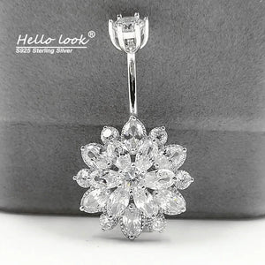 925 Sterling Silver Sun Flower Belly Button Ring Zircon Body Piercing