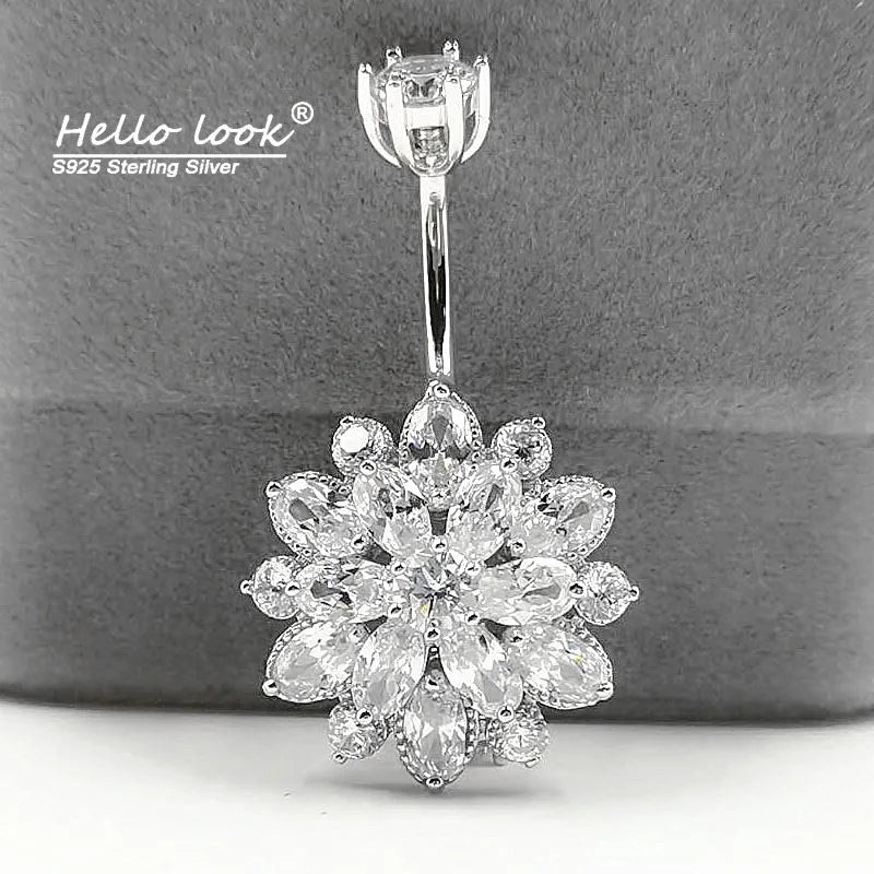 925 Sterling Silver Sun Flower Belly Button Ring Zircon Body Piercing