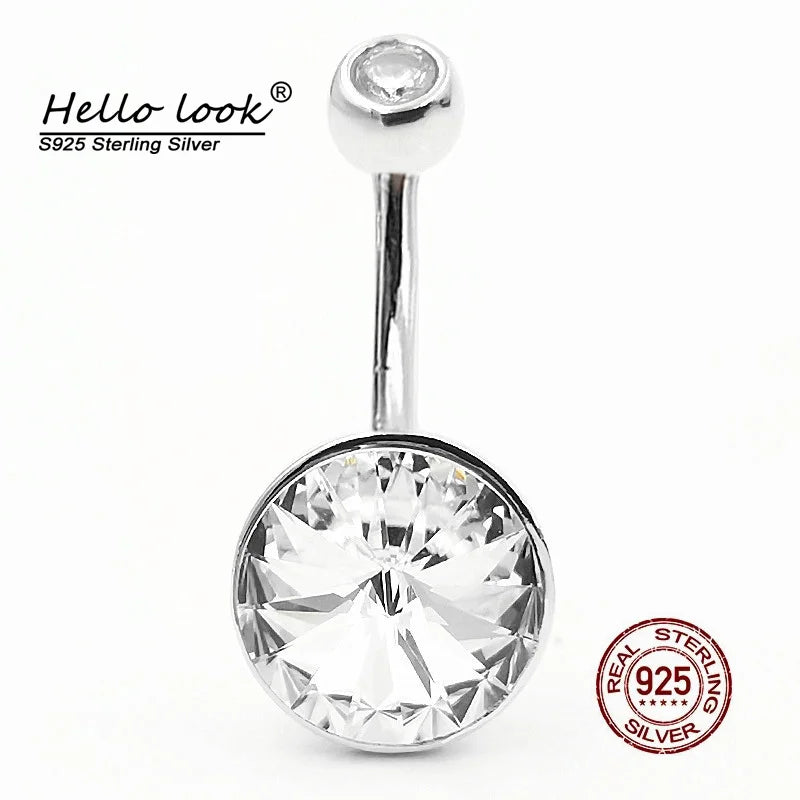 Big Round Zircon Belly Button Ring 925 Sterling Silver Navel Piercing Women