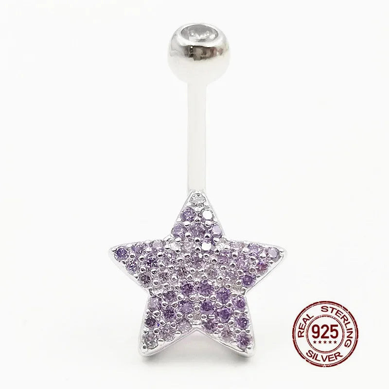 925 Silver Zircon Pentagram Belly Button Ring Navel Piercing for Women