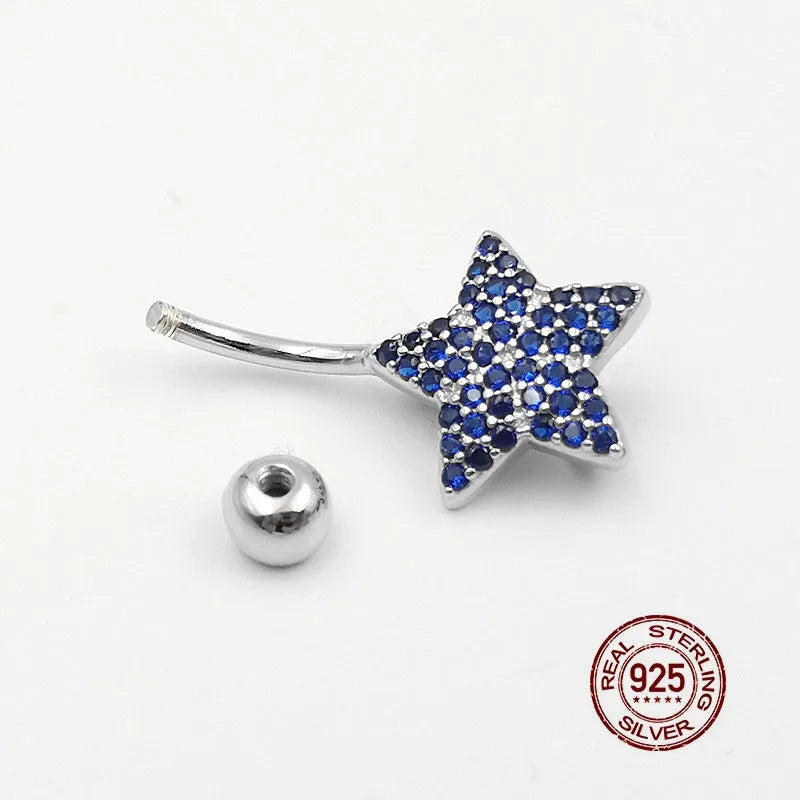 925 Silver Zircon Pentagram Belly Button Ring Navel Piercing for Women