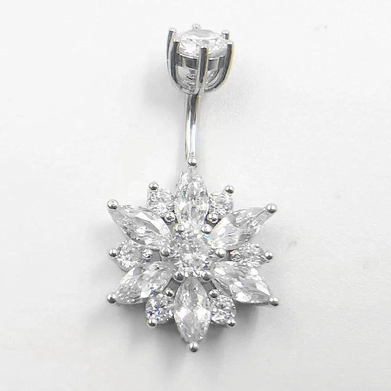 Chrysanthemum Zircon Belly Button Ring 925 Sterling Silver Navel Piercing