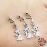 Zircon Cat Dangle Belly Button Ring 925 Sterling Silver Navel Piercing