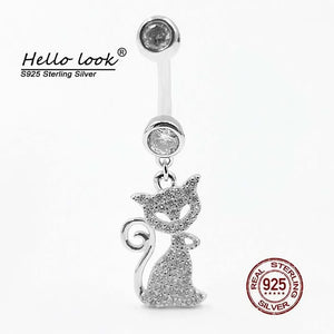 Zircon Cat Dangle Belly Button Ring 925 Sterling Silver Navel Piercing