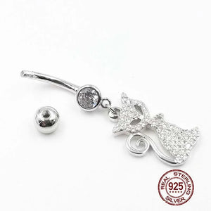 Zircon Cat Dangle Belly Button Ring 925 Sterling Silver Navel Piercing