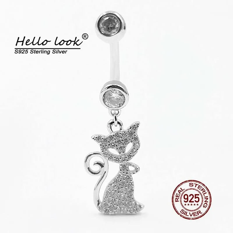 Zircon Cat Dangle Belly Button Ring 925 Sterling Silver Navel Piercing