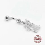 Zircon Cat Dangle Belly Button Ring 925 Sterling Silver Navel Piercing