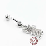 Zircon Cat Dangle Belly Button Ring 925 Sterling Silver Navel Piercing
