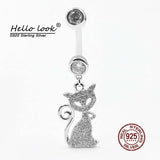 Zircon Cat Dangle Belly Button Ring 925 Sterling Silver Navel Piercing