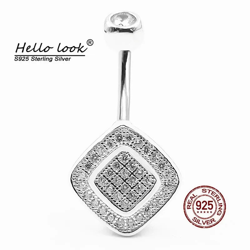 Double Layer Square Zircon Navel Piercing 925 Sterling Silver Belly Button Rings
