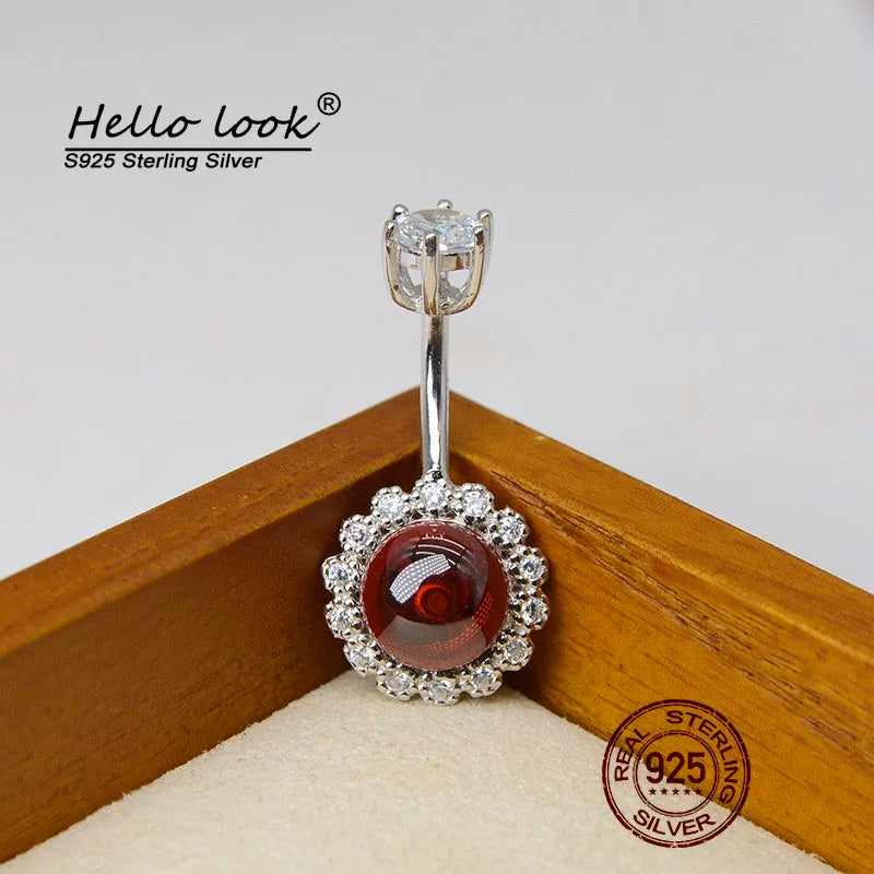 925 Silver Garnet Barbell Navel Ring Belly Button Piercing