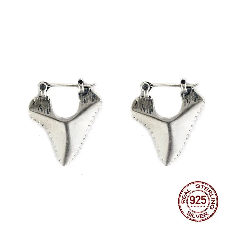 Gothic Shark Tooth Hoop Earrings 925 Sterling Silver Huggie Unisex Punk Jewelry