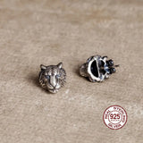 Punk 3D Tiger Head Earrings Men 925 Sterling Silver Vintage Stud Ear