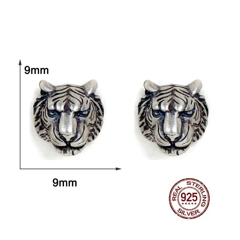 Punk 3D Tiger Head Earrings Men 925 Sterling Silver Vintage Stud Ear