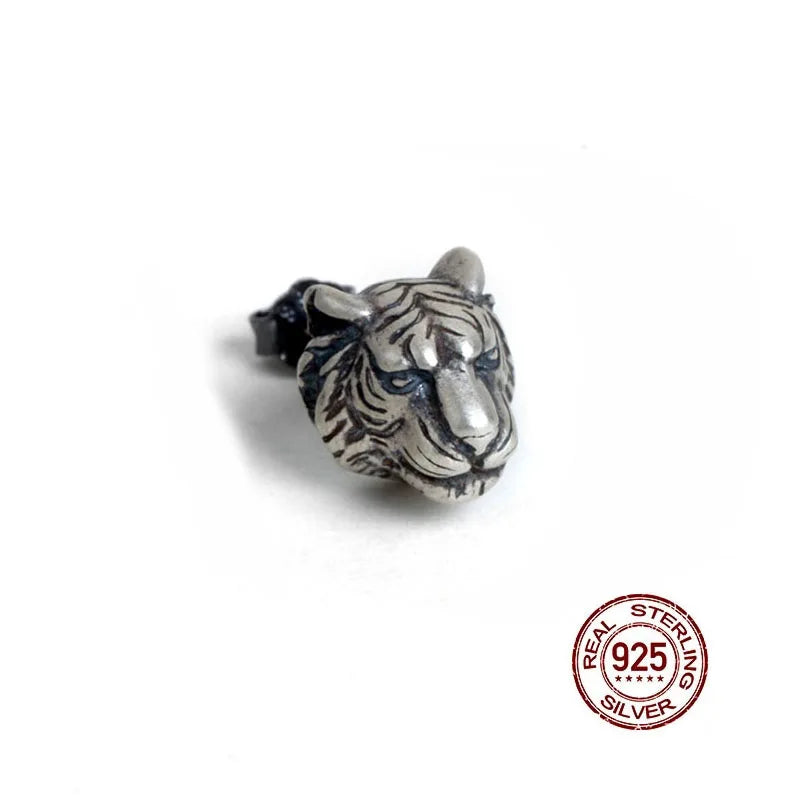 Punk 3D Tiger Head Earrings Men 925 Sterling Silver Vintage Stud Ear