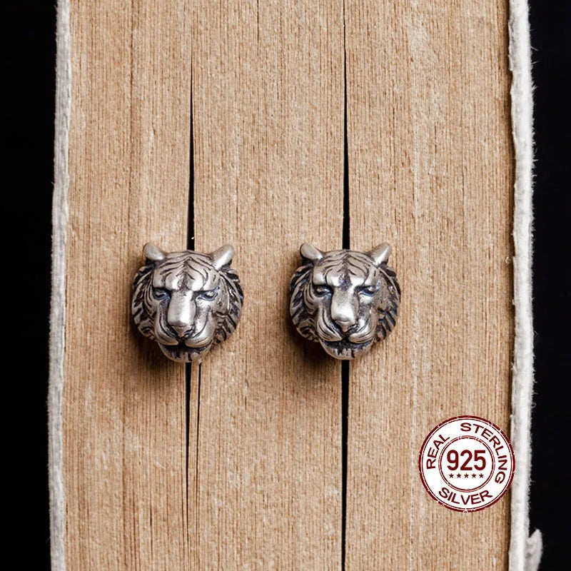 Punk 3D Tiger Head Earrings Men 925 Sterling Silver Vintage Stud Ear
