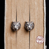 Punk 3D Tiger Head Earrings Men 925 Sterling Silver Vintage Stud Ear