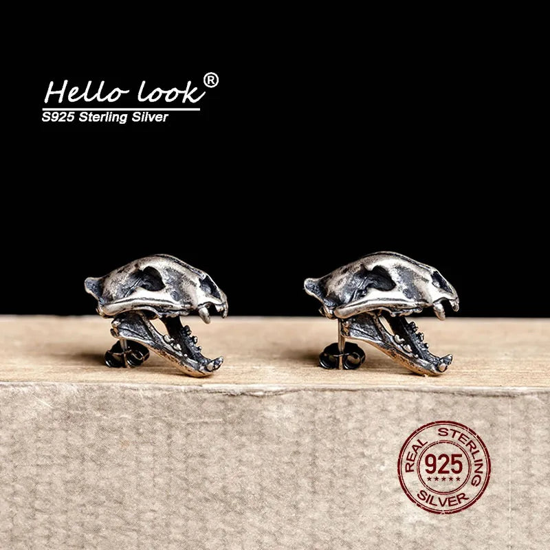 Punk Animal Skull Stud Earrings 925 Sterling Silver Ear Studs