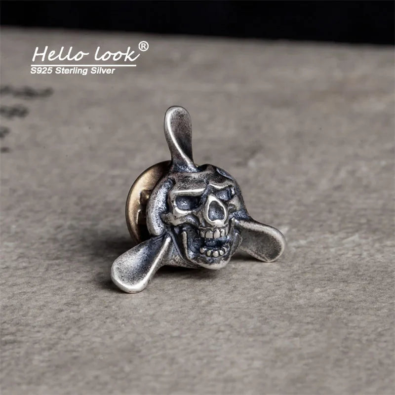 Punk Style Aircraft Head Brooch 925 Sterling Silver Skull Collar Pin