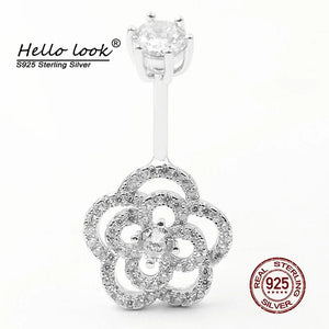 925 Silver Rose Flower Belly Button Ring Zircon Navel Jewelry